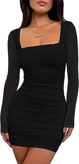 BORIFLORS Women Sexy Ruched Bodycon Mini Dress Long Sleeve Short Dress, Black, S
