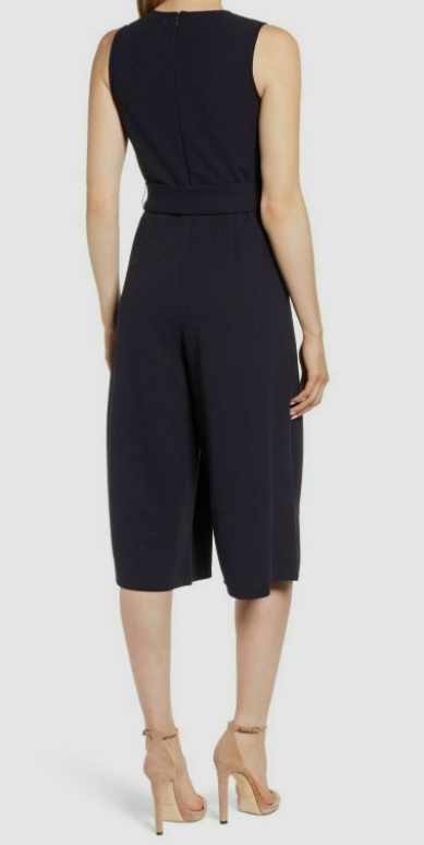 $105 Bishop + Young Women's Blue Rachel Belted Crop Wide Leg Jumpsuit Size M