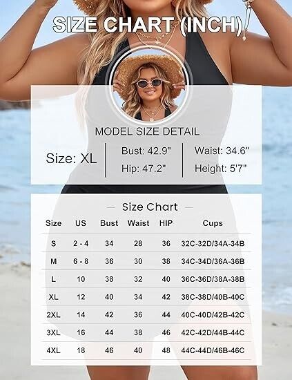 Blooming Jelly Women Plus Size Swim Dress 1pc Tummy Control Swimsuit, Black, 3XL