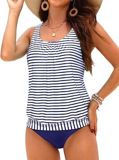 Yonique Women's Blouson Tankini Loose Fit Modest Striped Two Piece Swimsuit, XL