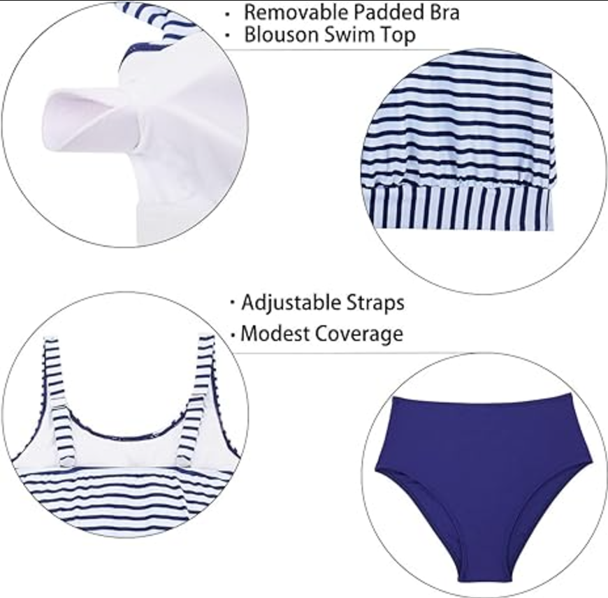 Yonique Women's Blouson Tankini Loose Fit Modest Striped Two Piece Swimsuit, XL