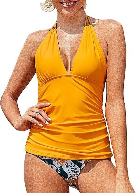 Yonique Women's 2 pc Swimsuit Yellow Tummy Control Tankini Plus Size Bathsuit, L