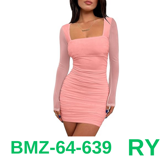 BORIFLORS Women's Sexy Ruched Bodycon Mini Dress Mesh Long Sleeve Club Party, L
