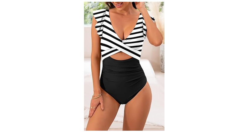 B2prity Women's One Piece Swimsuit Ruffle Cutout Bathing Suits Slimming Tummy, M