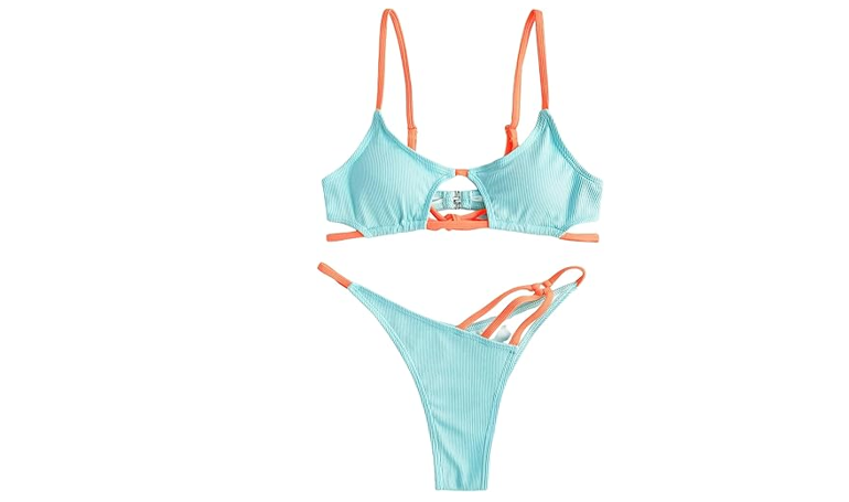 ZAFUL Women's Sexy Cutout Bikini Thong Bikini Set Color Block Swimsuit Tie, S