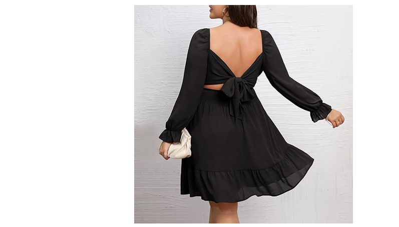 Byinns Women's 2024 Plus Size Tie Back Square Neck Mini Dress Long Lantern, XL