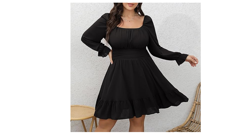 Byinns Women's 2024 Plus Size Tie Back Square Neck Mini Dress Long Lantern, XL