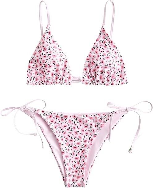 ZAFUL Women Triangle Bikini Floral String Bikini Set Two Piece Swimsuit, Pink, S