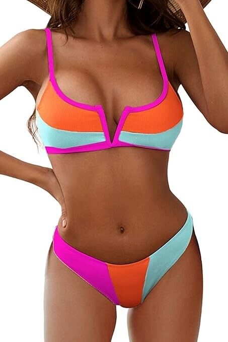 ZAFUL Women's Bikini Set V-Wired Ruffle Ribbed High Cut V-Notch Swimwear, Small