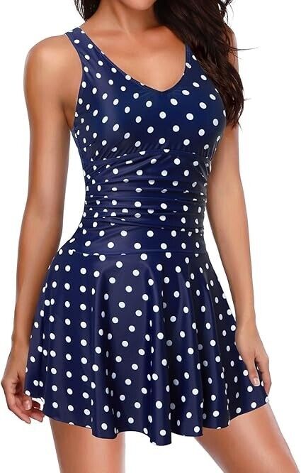 Yonique Women One Piece Swimsuit Modest Tummy Control Vintage Swimdress, Navy, L