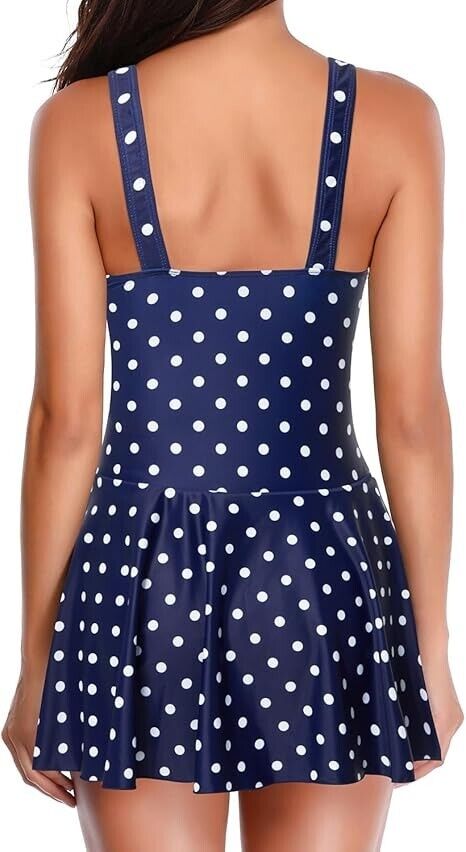 Yonique Women One Piece Swimsuit Modest Tummy Control Vintage Swimdress, Navy, L