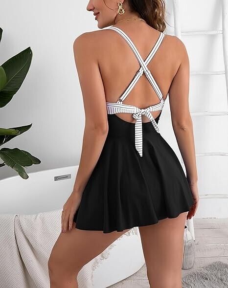 B2prity Women Cutout One Piece Skirt Swimsuit V-Neck Wrap Tie Back Swimdress 2XL