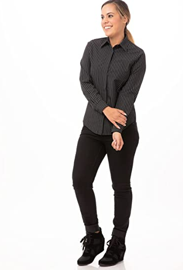 Chef Works Women's Basic Dress Shirt, Charcoal Dash, Large