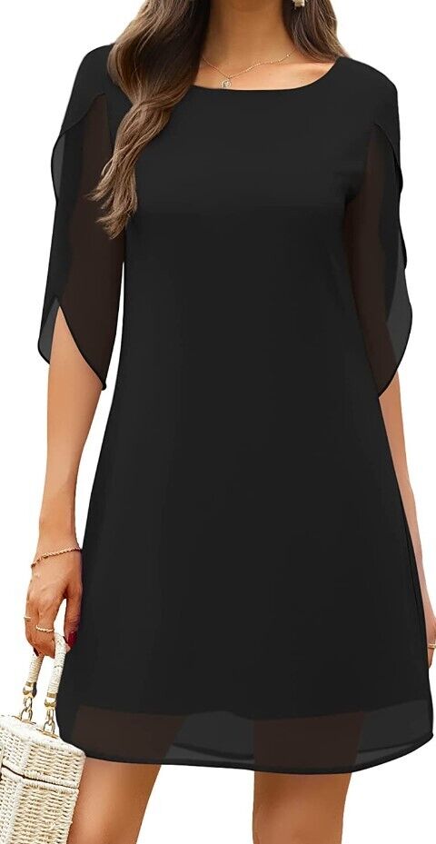 WEACZZY Women Scoop Neck Chiffon Dress 3/4 Sleeve Cocktail Party Dresses Black L
