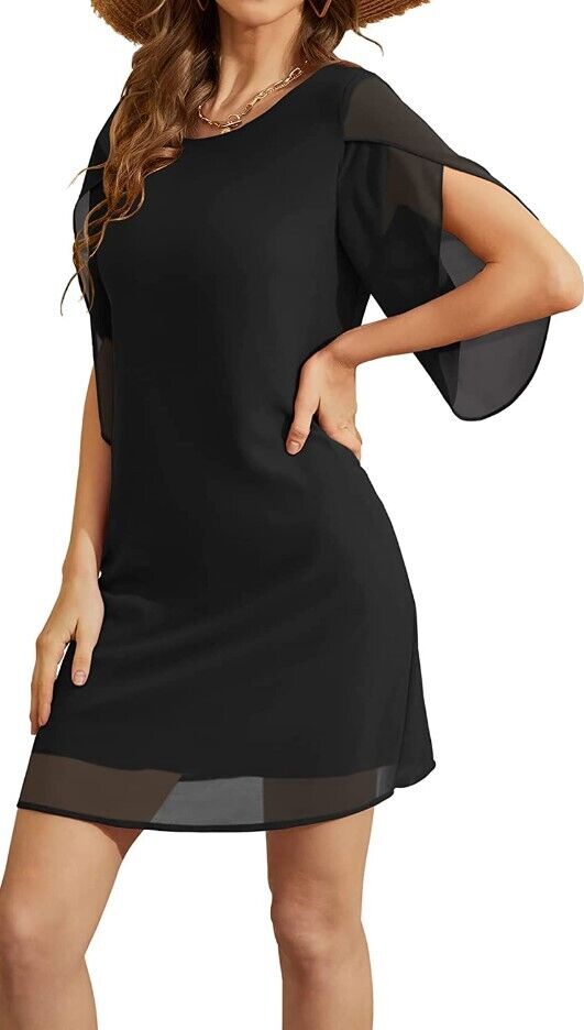 WEACZZY Women Scoop Neck Chiffon Dress 3/4 Sleeve Cocktail Party Dresses Black L