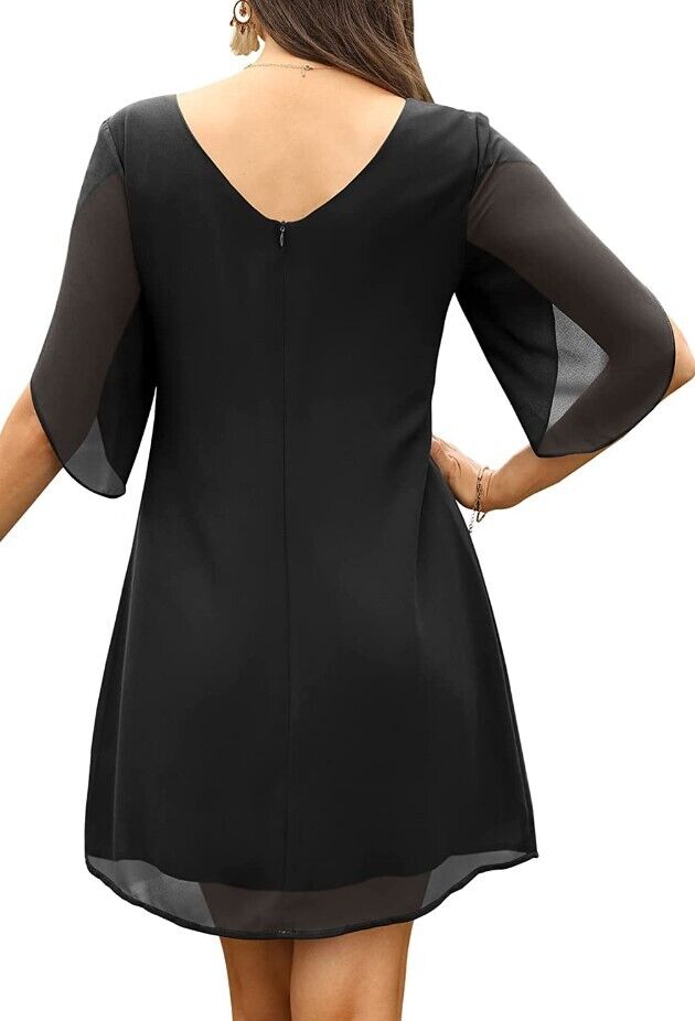 WEACZZY Women Scoop Neck Chiffon Dress 3/4 Sleeve Cocktail Party Dresses Black L