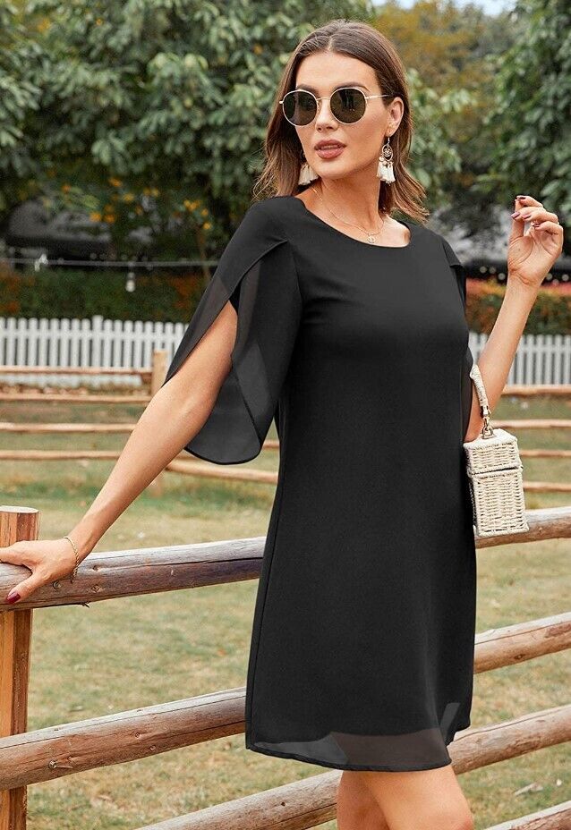 WEACZZY Women Scoop Neck Chiffon Dress 3/4 Sleeve Cocktail Party Dresses Black L
