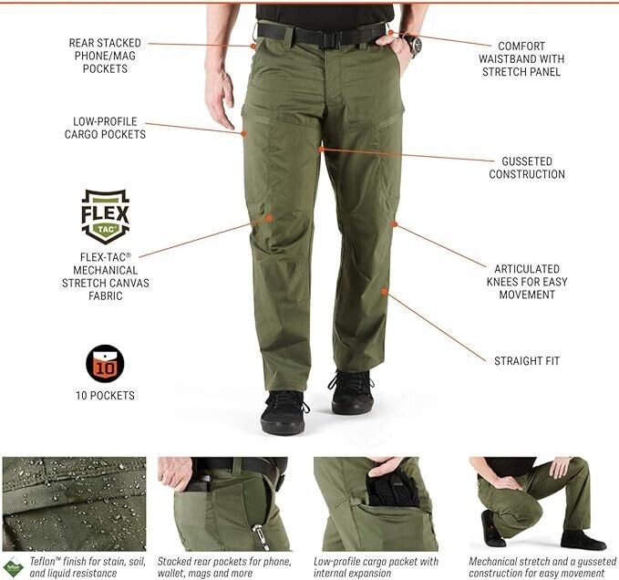 5.11 Tactical Men's Apex Cargo Work Pants, Flex-Tac Stretch Fabric Black 28WX32L
