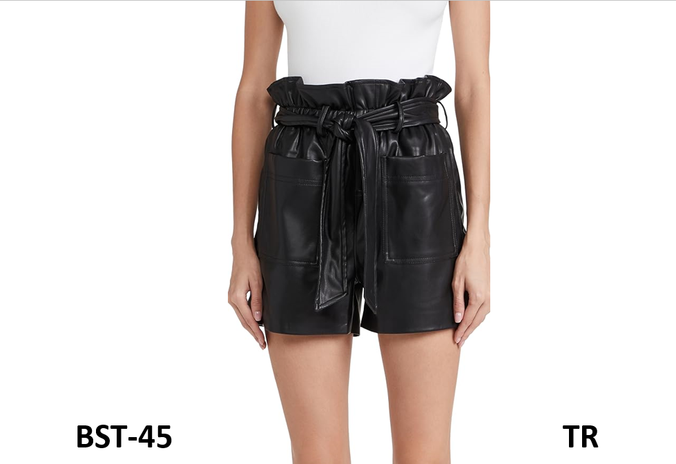BLANKNYC Womens Vegan Leather Paperbag Self Belted Trendy Shorts, Obsidian, 25