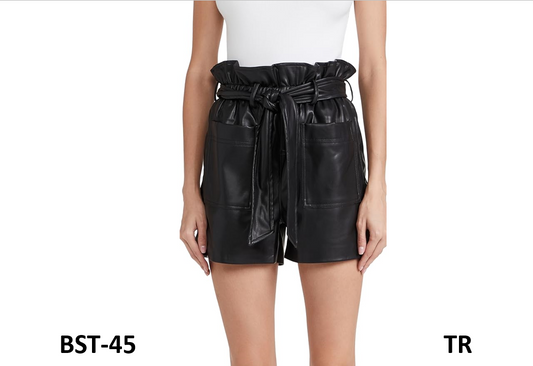 BLANKNYC Womens Vegan Leather Paperbag Self Belted Trendy Shorts, Obsidian, 25