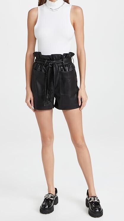 BLANKNYC Womens Vegan Leather Paperbag Self Belted Trendy Shorts, Obsidian, 25