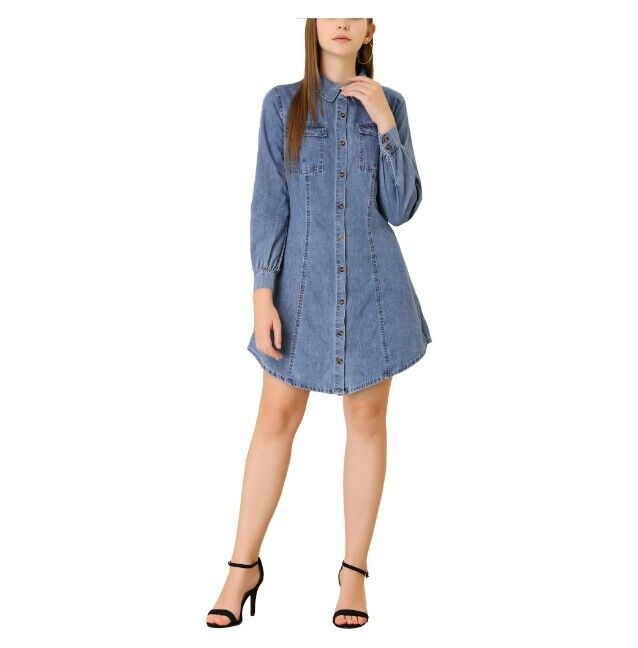 Allegra K Women's Bishop Sleeve Chest Pocket Casual Denim Shirt Dress Blue XL