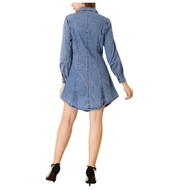 Allegra K Women's Bishop Sleeve Chest Pocket Casual Denim Shirt Dress Blue XL
