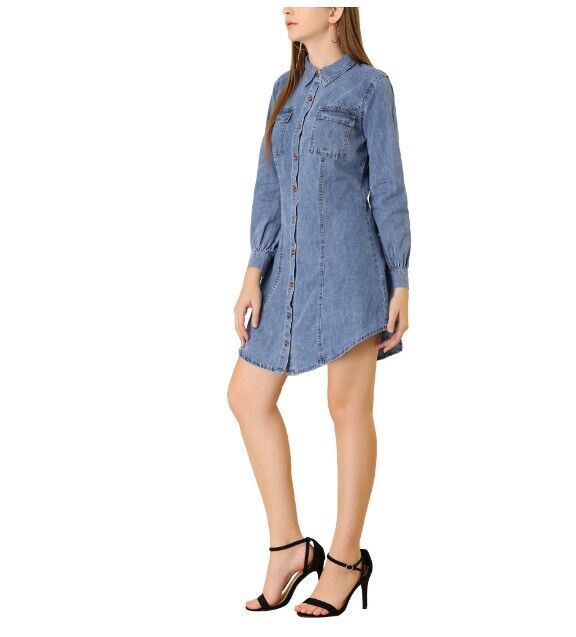 Allegra K Women's Bishop Sleeve Chest Pocket Casual Denim Shirt Dress Blue XL