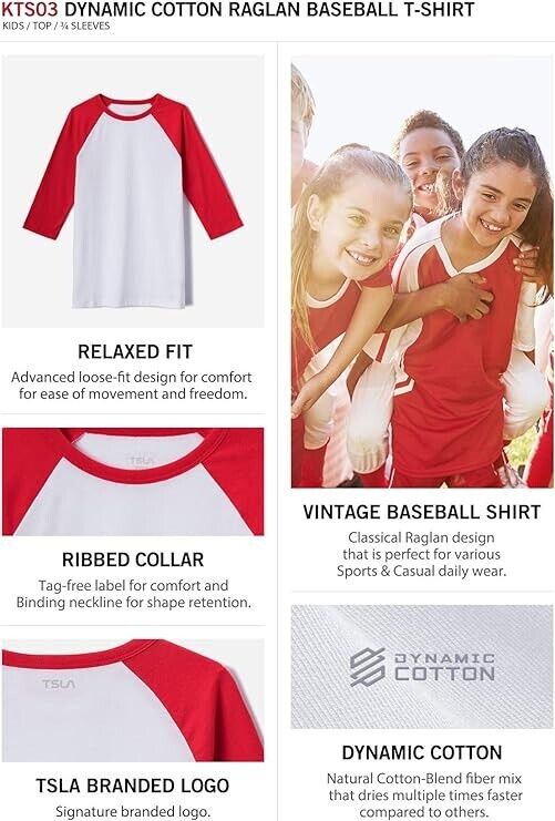 TSLA DRST Kid's 3/4 Sleeve Baseball Casual Dynamic Cotton Jearsey T-Shirt, 18/XL