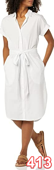 Amazon Essentials Women's Short Sleeve Button Front Belted Shirt Dress White S