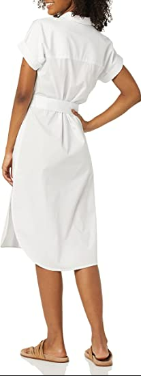 Amazon Essentials Women's Short Sleeve Button Front Belted Shirt Dress White S