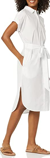 Amazon Essentials Women's Short Sleeve Button Front Belted Shirt Dress White S