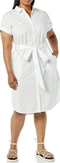 Amazon Essentials Women's Short Sleeve Button Front Belted Shirt Dress White S