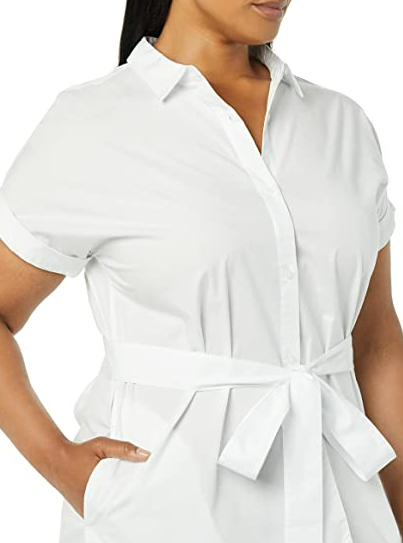 Amazon Essentials Women's Short Sleeve Button Front Belted Shirt Dress White S