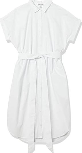 Amazon Essentials Women's Short Sleeve Button Front Belted Shirt Dress White S