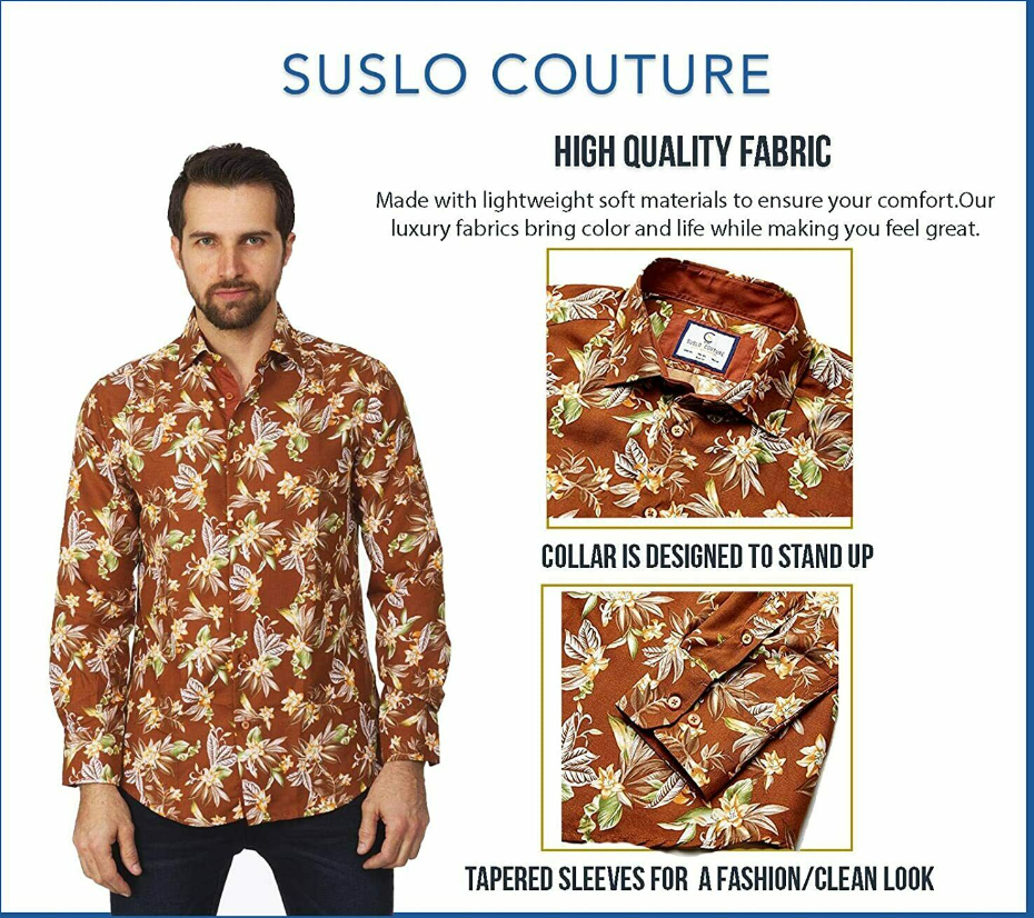 Suslo Couture Men's Floral Designer Printed Long Sleeve Slim Fit Dress Shirts S