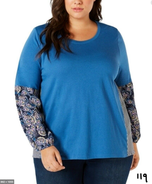 Style  Co Plus Women Blue Floral Paisley Striped Balloon Sleeve Blouse Top OX&2X