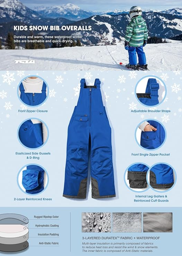 TSLA Kids & Boys and Girls Winter Snow Bibs, Windproof Ripstop Ski Pants, Blue