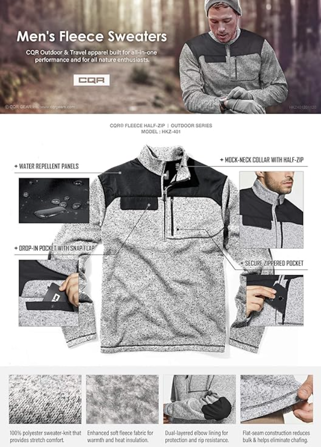 CQR Men's Thermal Fleece Half Zip Pullover, Winter Outdoor Warm Sweater, Gray, M