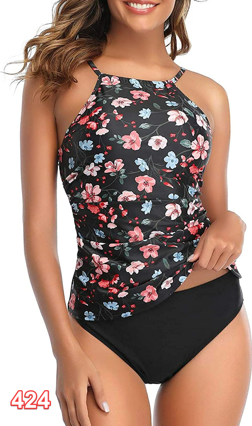 Tempt Me Two Pc Tankini Swimsuit Women High Neck Ruched Tummy Control Top+Bottom
