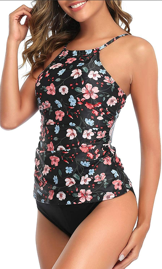 Tempt Me Two Pc Tankini Swimsuit Women High Neck Ruched Tummy Control Top+Bottom
