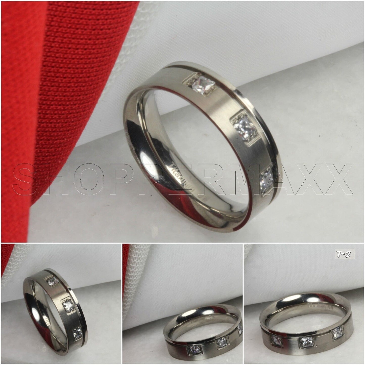 Beveled Brushed Finish Mens Titanium Triple Stone Wedding Band Fashion Ring