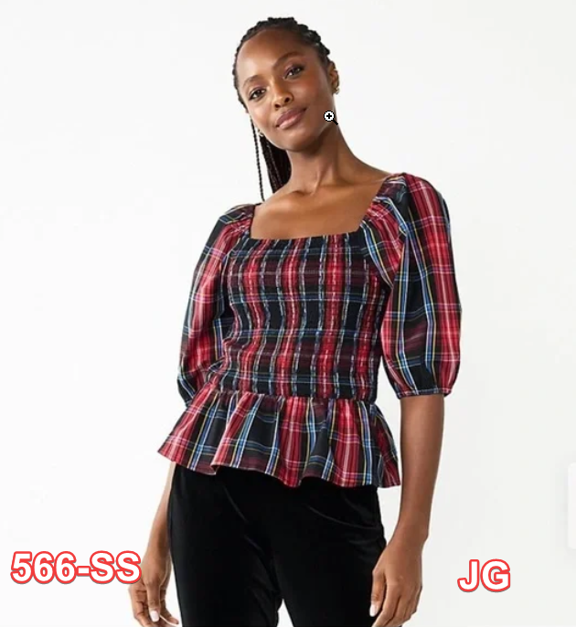 Draper James RSVP Womens Elbow Sleeve Smocked Peplum Top Red Multi Plaid Size XL