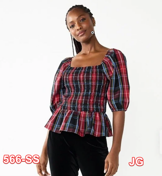 Draper James RSVP Womens Elbow Sleeve Smocked Peplum Top Red Multi Plaid Size XL