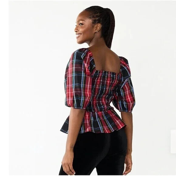 Draper James RSVP Womens Elbow Sleeve Smocked Peplum Top Red Multi Plaid Size XL