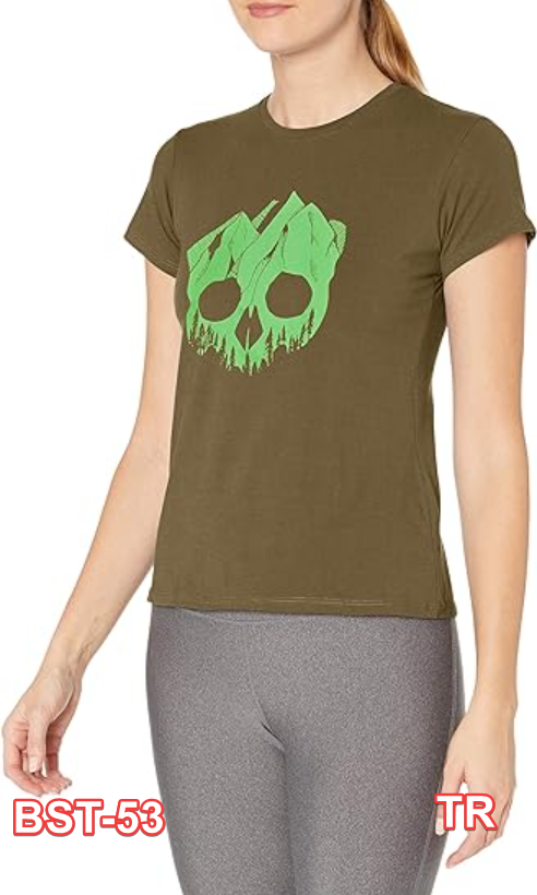 Charko Designs Women's Mountskull Athletic T Shirts, Stretch, Khaki, Large