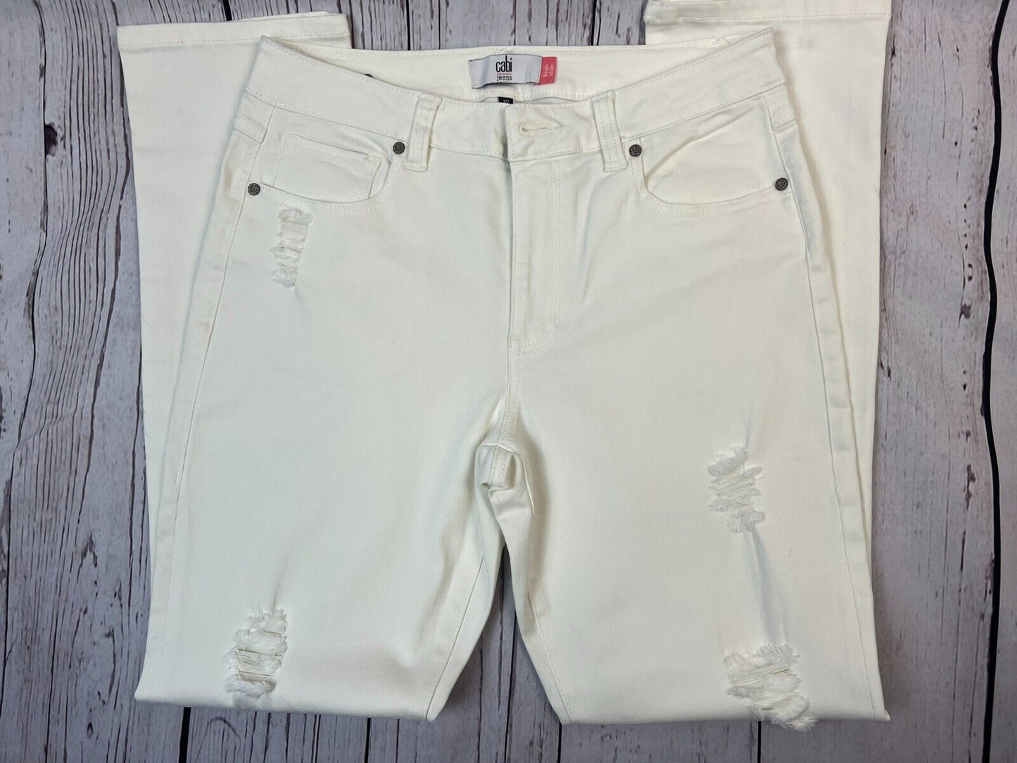 Cabi Women's Straight High Slim Distressed White Designer Jeans SZ10  31Wx30L