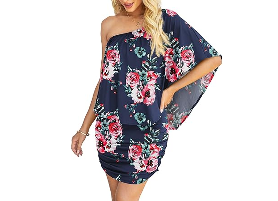 Yincro Women's Off The Shoulder Ruffle Bodycon Club Party Mini Dress Flower, XL