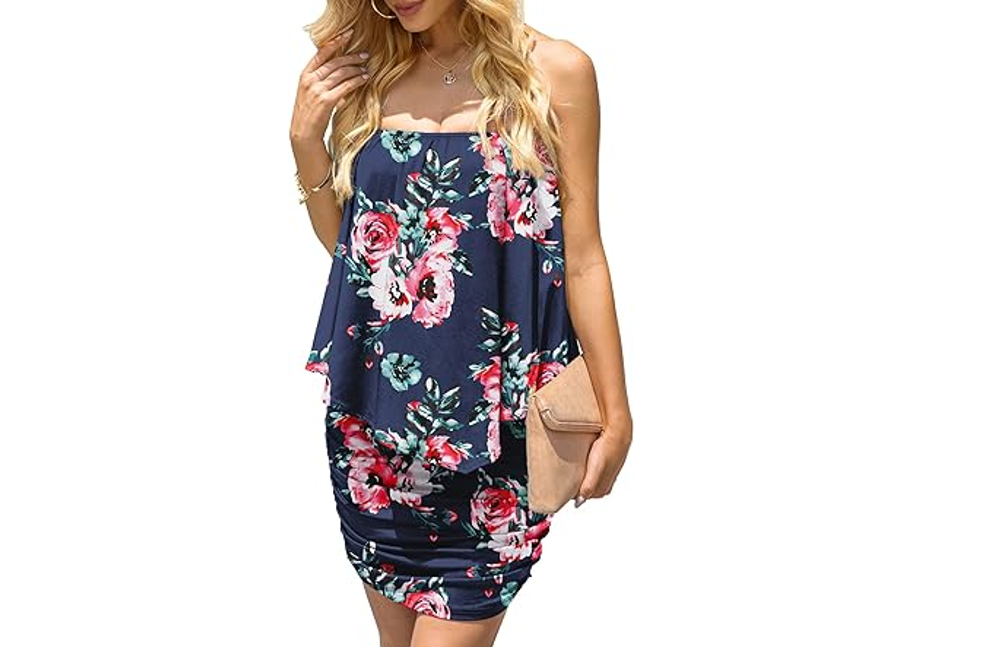 Yincro Women's Off The Shoulder Ruffle Bodycon Club Party Mini Dress Flower, XL