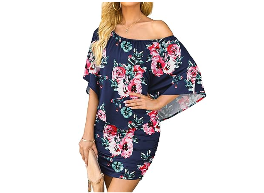 Yincro Women's Off The Shoulder Ruffle Bodycon Club Party Mini Dress Flower, XL